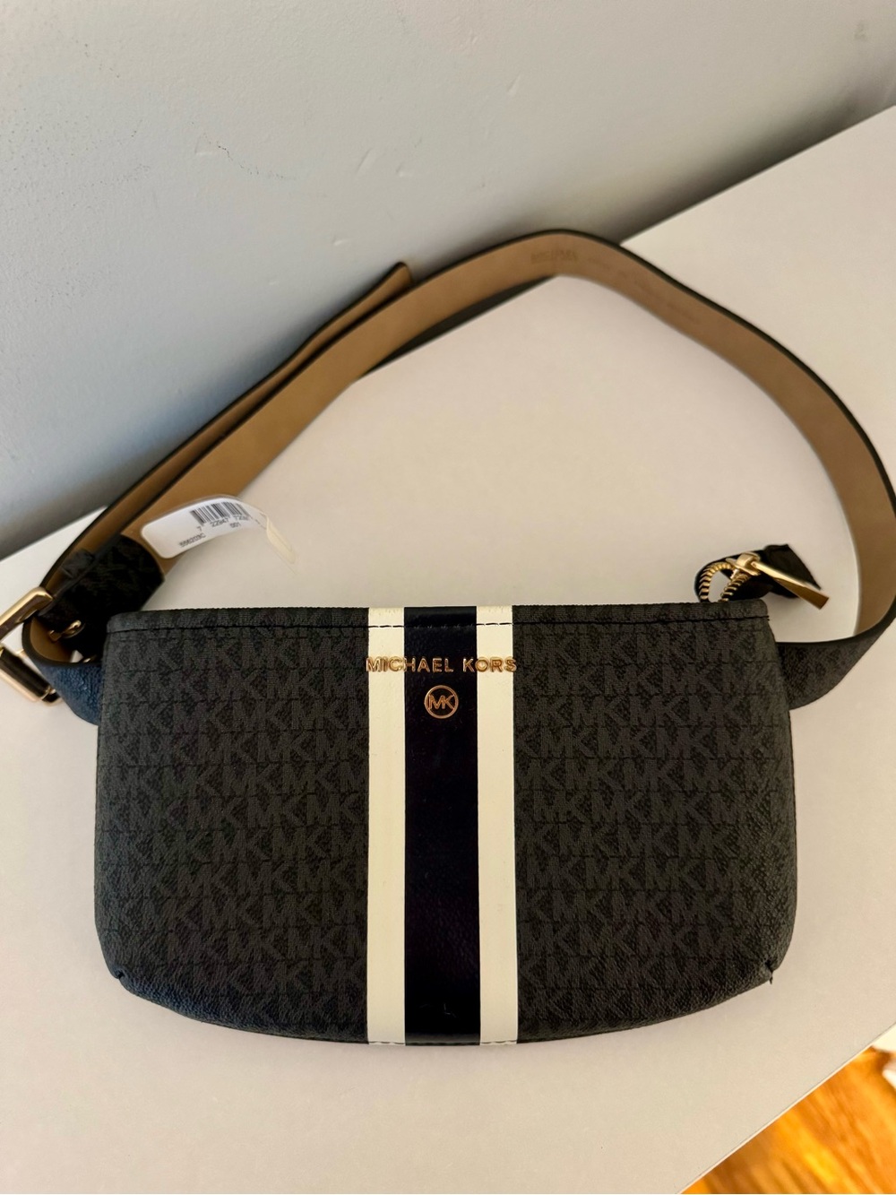 NWOT Michael Kors Signature Logo Stripe Belt Bag Fanny Pack Black/Navy/White S/M